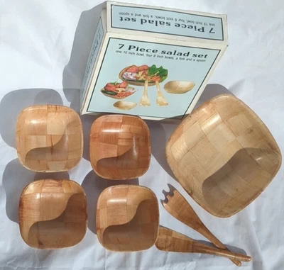 Salad Set 7 Piece Sq Serving Bowl 4 Individual Bowls Fork Spoon NIB - Image 1 of 4