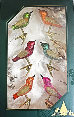 ❀ 6 x Glasvogel Lauscha Gold Bunt Glitzer Glas Mini Vogel Christbaumschmuck 170 - Bild 1 von 4
