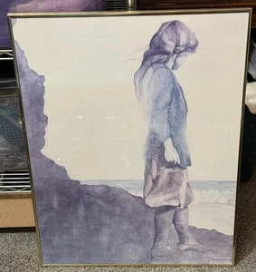 Vintage Print Christine Rosamond Sea Wall Girl on Rocks Looking at Ocean 1973 - Picture 1 of 8