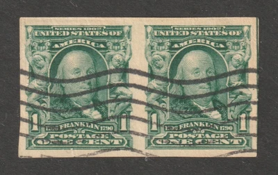 Scott # 314, Used Pair, VF, 1¢ Franklin, 1906, Hand-Stamped Wave Cancel - Image 1 of 2