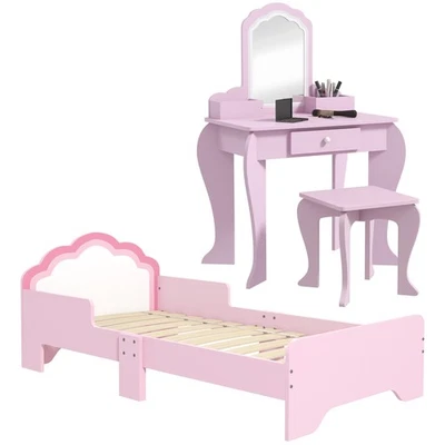 Kids Bedroom Set Vanity Table Stool Low Bed Acrylic Mirror MDF Child Room Pink - Image 1 of 4