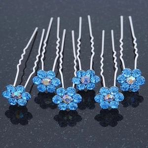 Bridal/ Wedding/ Prom/ Party Set Of 6 Sky Blue Austrian Crystal Daisy Flower - Picture 1 of 6