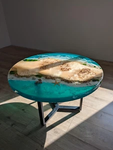 Resin Ocean Wave Coffee Table, Round Epoxy Wood Coffee Table Top, Live Edge Top - Picture 1 of 8