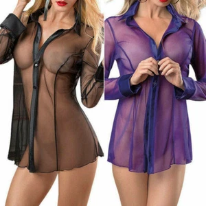 Hot Women Sheer Lingerie Blouse See Through Long Sleeve Tops Sleepwear Nightwear - Picture 1 of 12