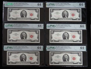 6 CONSECUTIVE 1963 $2 LEGAL TENDER FR #1513 GRANAHAN | DILLON PMG CU 64 EPQ pp D - Picture 1 of 2