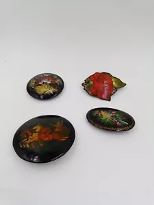Vintage Hand Painted Wooden Lacquer Brooches Pre-owned - Picture 1 of 11