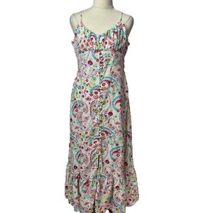 Sportsgirl Dress Womens Size 12 White Pink Floral Midi 58% Linen Adjustable Boho - Picture 1 of 11
