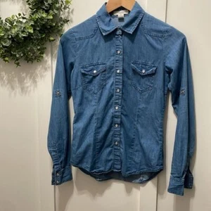 Japna Long Sleeve Jean Shirt Size XS Pearl Button Snap Closure Cute Rodeo - Picture 1 of 5