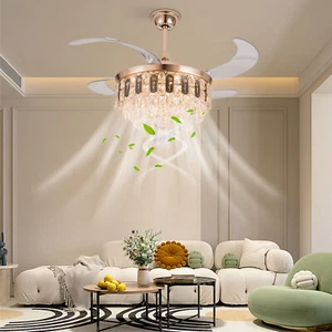 Crystal Ceiling Fan Light 6 Speed Modern LED Dimmable Pendant Lamp With Remote - Picture 1 of 22