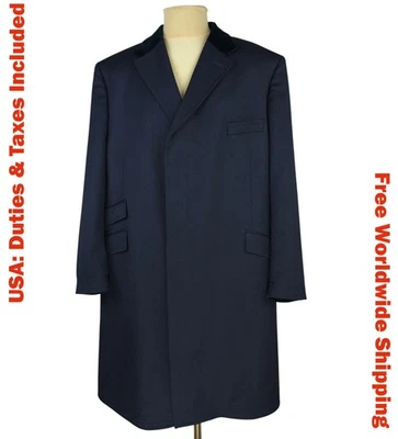 New & Lingwood Mens Navy Wool Velvet Top Collar Covert Coat Size UK/US 50 (4XL) - Image 1 of 4
