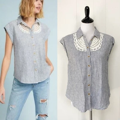 Anthropologie Maeve Blue Stripe 100% Linen Lace Detail Blouse Shirt Boho Top XS - Image 1 of 4