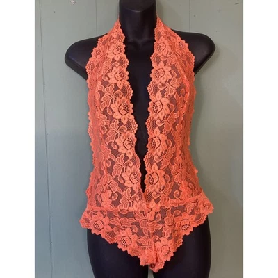 Frederick's of Hollywood 橙色花边吊带泰迪紧身衣 M 码性感闺房 — 第 1/4 张图片