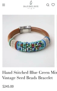 Dandelion Hand Stitched Blue Green Mix Vintage Seed Beads Bracelet - Picture 1 of 6
