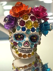 Betsey Johnson HALLOWEEN Day of the Dead Sugar Skull Bling 7 1/2 Stretch RING - Picture 1 of 12