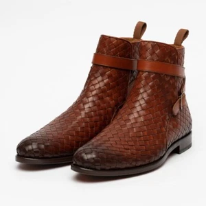 Neue handgefertigte braune geflochtene Leder Stiefeletten - Business Büro Stiefel für Herren - Bild 1 von 4