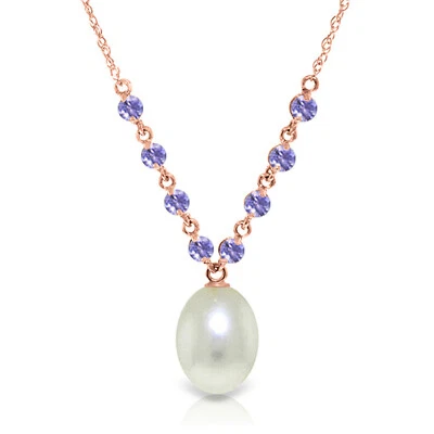 Brand New 14K Solid Rose gold 18" fine Necklace w genuine Tanzanites & pearl - Image 1 of 4