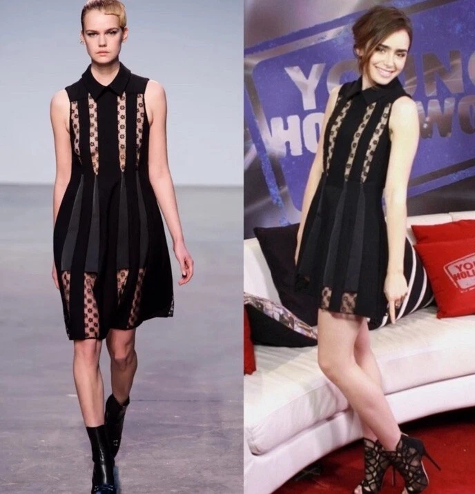 Vestido negro gótico con panel de encaje transparente cuello pasarela colección Thakoon talla 4 Foto 1 de 4