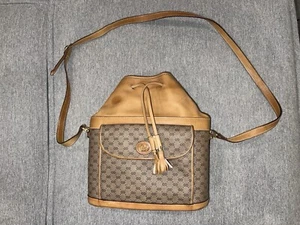 VINTAGE AUTHENTIC GUCCI GG CANVAS Leather Logo Tan Bucket Handbag shoulder bag - Picture 1 of 14