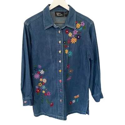 Vintage Silver Threads Boho Retro Embroidered Floral Denim Jacket Size Small - Image 1 of 4