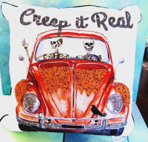 Envogue 20 x 20 Creep it Real! Beaded Throw Pillow Down Fill VW Bug & Skeletons - Picture 1 of 13