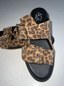 NEW AGL Sabina Animal Print Double Buckle Italian Slide Sandals Size 39.5 US 9.5 - Picture 1 of 5