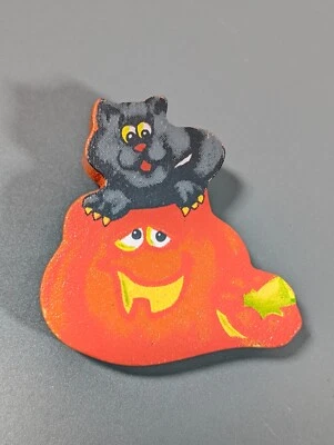 Halloween Black Cat Orange Pumpkin Jack O Lantern Wooden Pin - Image 1 of 4