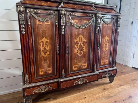 Antique Inlay French Marble Top Brass Commode Cover