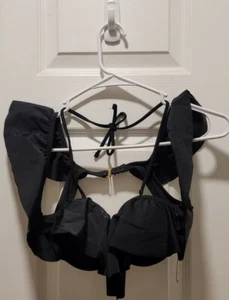 NWT Black SO Pushup Off The Shoulder Flounce Bikini Top Size M Flutter Swim Top - Picture 1 of 3