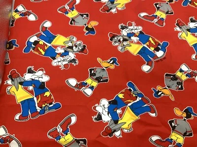 LOONEY TUNES Bugs Bunny Daffy Duck  Sylvester Red cotton fabric 22" wide by 21" - Image 1 of 4