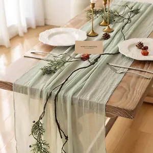 Sage Green Cheesecloth Table Runner 120 Inch 10 FT Rustic Boho Spring Decor - Picture 1 of 12