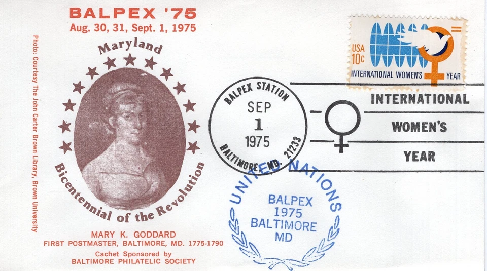 MARY K GODDARD 1ST POSTMASTER BALTIMORE,  BALTIMORE, MD,  1975  FDC17408 - Image 1 of 1