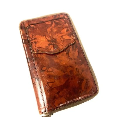 Vtg 60's Enterprise England Brown Leather BoHo Hippie Zip Wallet Zipper Clutch - Image 1 of 4