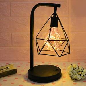 Retro Black Geometric Wire Industrial LED Light Bulb Bed Side Battery Table Lamp
