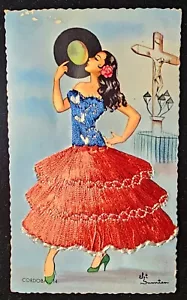 VINTAGE SPANISH SILK EMBROIDERED POSTCARD ELSI GUMIER CORDOBA FREE USA SHIPPING - Picture 1 of 2