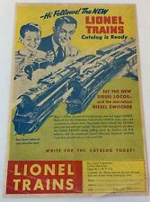 1949 LIONEL TRAINS cartoon ad page ~ HI FELLOWS! ~ yellow+red version