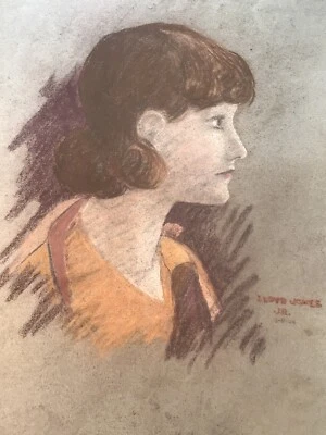 Obra de arte retrato de niña perfil lateral dibujo pastel años 20 de colección Lloyd Jones Jr Foto 1 de 4