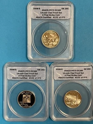 3-Coins 25c/25c/25c 2008S State Quarters ANACS PR70DCAM OK/NM/AZ - Image 1 of 4