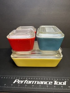 Juego completo de cazuela para refrigerador Pyrex vintage MCM de 8 piezas colores primarios - Imagen 1 de 21