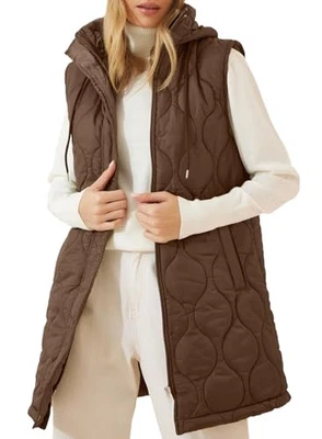  Chaleco acolchado largo para mujer sin mangas con capucha chaqueta acolchada grande café Foto 1 de 4