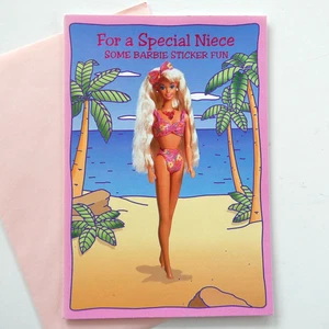 Mattel Hallmark Barbie Niece Beach Greeting Card Stickers Pink Envelope 1994 NEW - Picture 1 of 8
