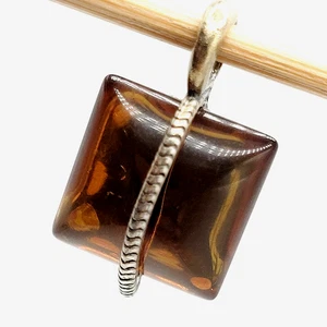 Glass Faux Honey Amber Colored Metal Embellished Square Vintage Pendant - Picture 1 of 20