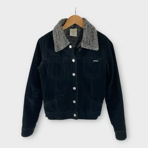 Vintage Billabong Black Corduroy Gray Sherpa Jacket Size Small Snap Button Front - Picture 1 of 6
