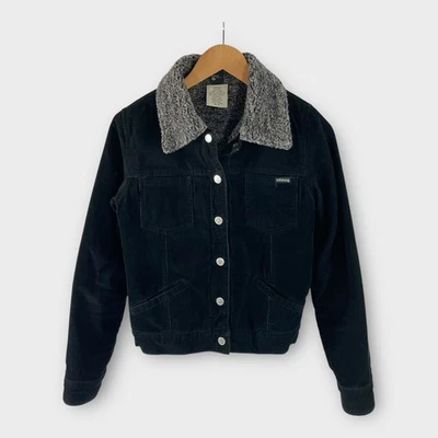 Chaqueta Sherpa Vintage Billabong Negra Gris Pana Talla Pequeña Botón a Presión Delantero Foto 1 de 4