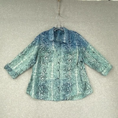 Zac & Rachel Top Womens 3X Blue Snake Print Button Up 3/4 Roll Tab Sleeve Blouse - Image 1 of 4
