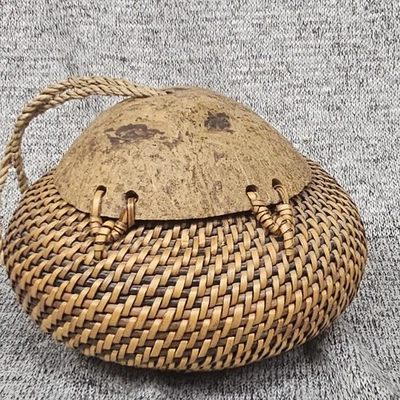 Handwoven Rattan Basket with Coconut Shell Lid Rope Handle Lidded Storage Decor - Image 1 of 4