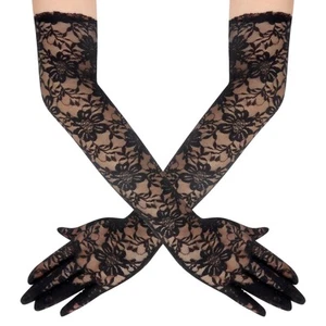 Uintoon Black Lace Gloves Long Elbow Length Opera Dress Gloves for Women Girls - Picture 1 of 7