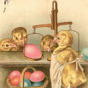 c.1908 Easter Wishes Postcard Chicks Weighing Eggs Store Market Dealer Apron - Picture 1 of 3