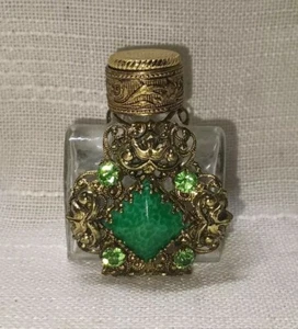 Bottiglia vintage antica vetro profumo spirito Colonia filigrana con pietre verdi - Foto 1 di 6