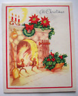 Holly decorated fireplace mantel vintage Christmas greeting card * W14A