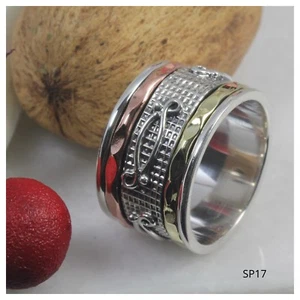 Anillo de meditación giratorio banda ancha 925 con techo de paja y tres colores de plata Bali  - Imagen 1 de 5
